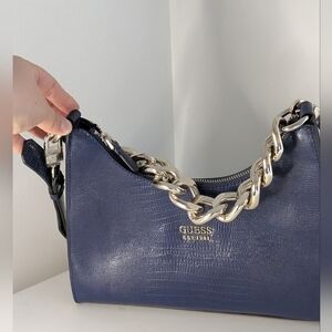 Guess Dark Blue Shoulder Bag with Silver Chain
